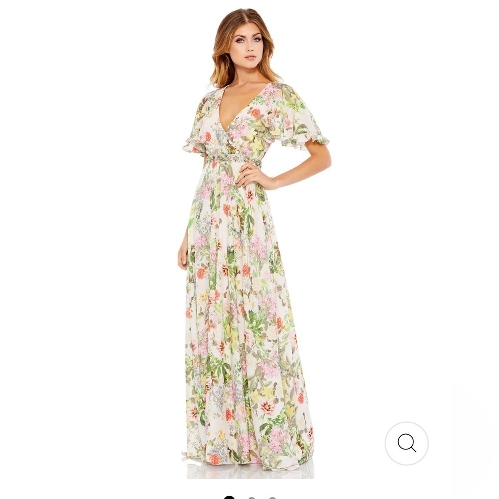 Mac Duggal FLORAL PRINT FAUX WRAP FLUTTER SLEEVE A LINE GOWN size 12 $498